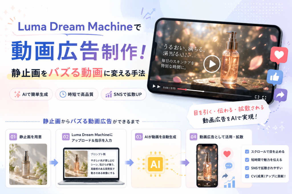 Luma Dream Machineを活用して静止画を動画広告に変換し、AIによる映像生成からSNSで拡散されやすい広告動画制作までの流れを表現したアイキャッチ画像。
