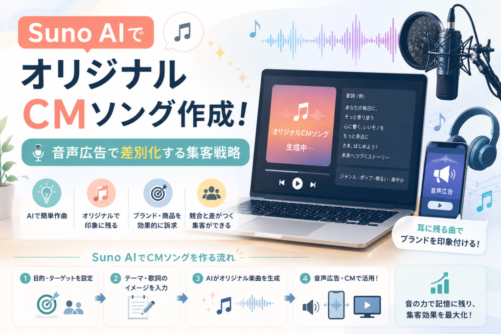 Suno AIを活用してオリジナルCMソングを作成し、音声広告やブランド訴求に活用して集客につなげる流れを表現したアイキャッチ画像。
