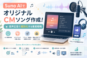 Suno AIを活用してオリジナルCMソングを作成し、音声広告やブランド訴求に活用して集客につなげる流れを表現したアイキャッチ画像。