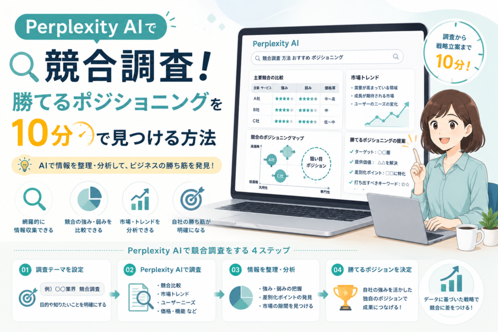 Perplexity AIを活用して競合情報を収集・比較分析し、市場トレンドや強み・弱みを整理して勝てるポジショニングを見つける流れを表現したアイキャッチ画像。