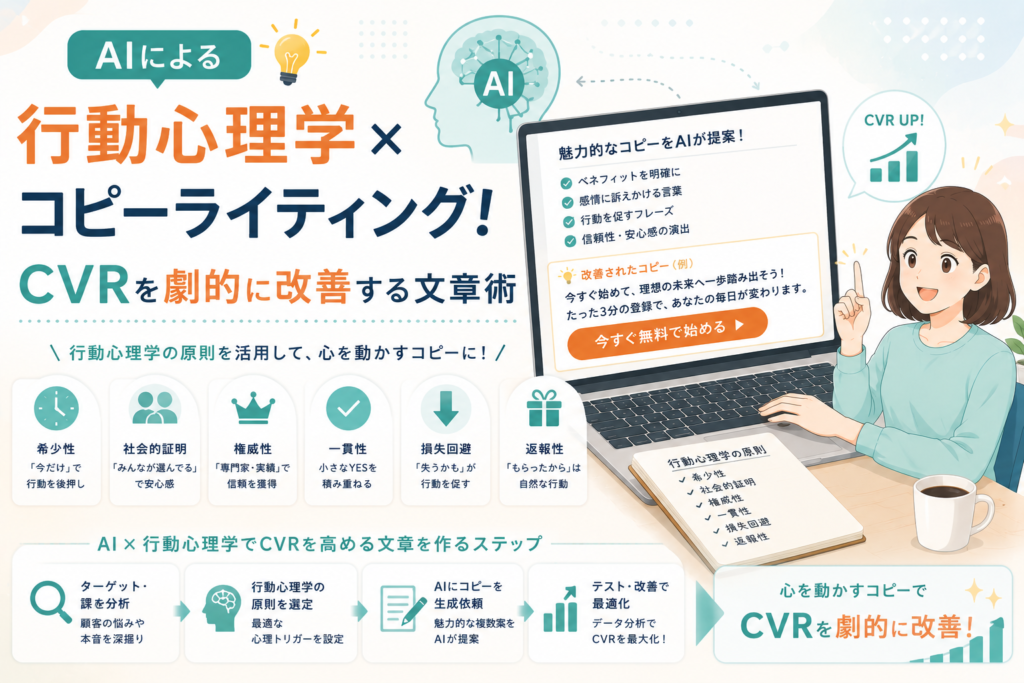 AIを活用して行動心理学の原則をコピーライティングに取り入れ、ユーザーの行動を促す文章を作成してCVR改善につなげる流れを表現したアイキャッチ画像。