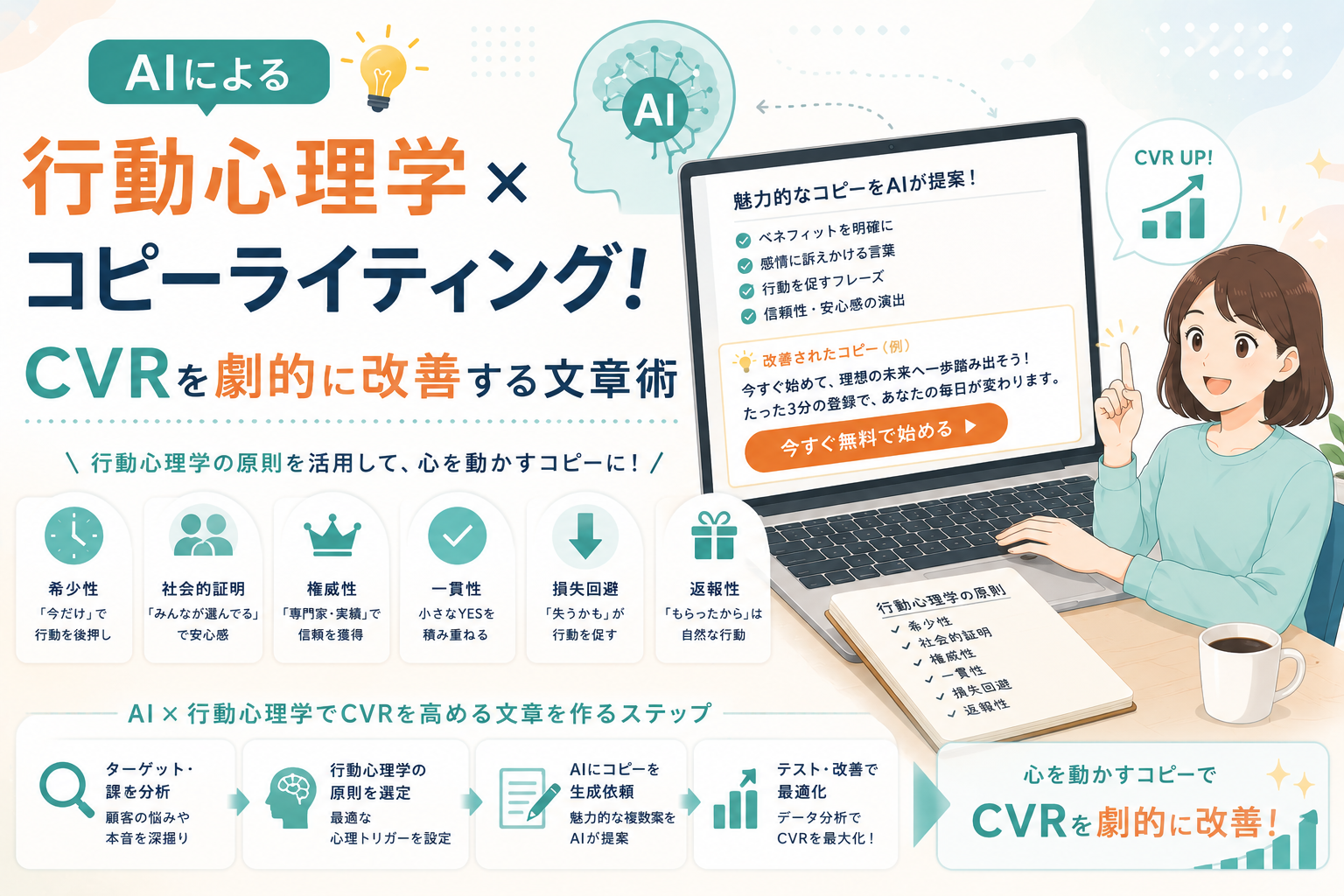 AIを活用して行動心理学の原則をコピーライティングに取り入れ、ユーザーの行動を促す文章を作成してCVR改善につなげる流れを表現したアイキャッチ画像。