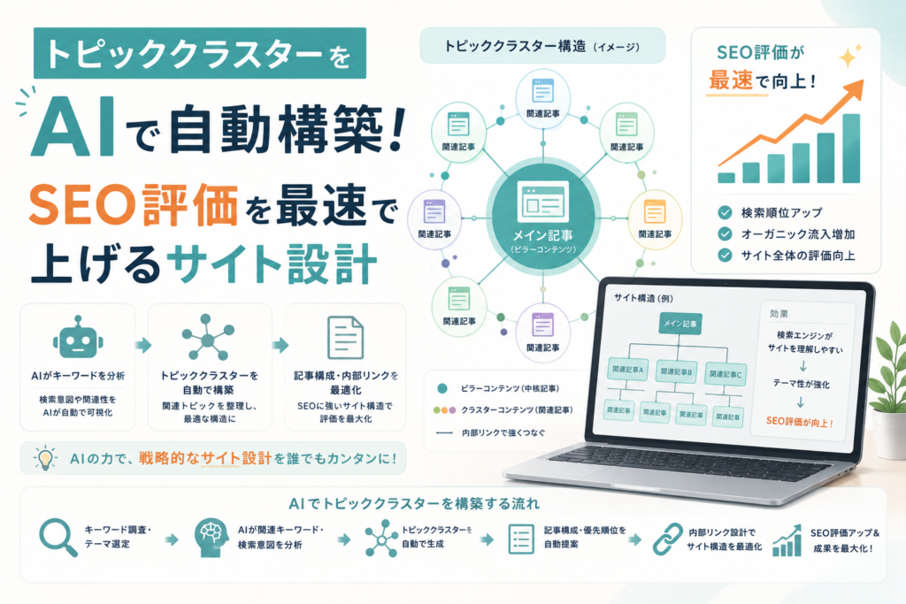 AIを活用してキーワードや検索意図を分析し、メイン記事と関連記事をつなぐトピッククラスターを自動構築してSEO評価を高めるサイト設計を表現したアイキャッチ画像。