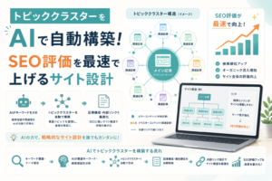 AIを活用してキーワードや検索意図を分析し、メイン記事と関連記事をつなぐトピッククラスターを自動構築してSEO評価を高めるサイト設計を表現したアイキャッチ画像。