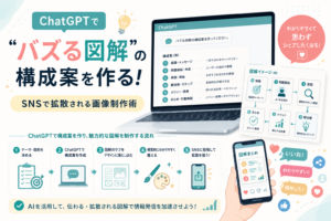 ChatGPTを活用してバズる図解の構成案を作成し、SNSで拡散されやすい画像制作につなげる流れを表現したアイキャッチ画像。