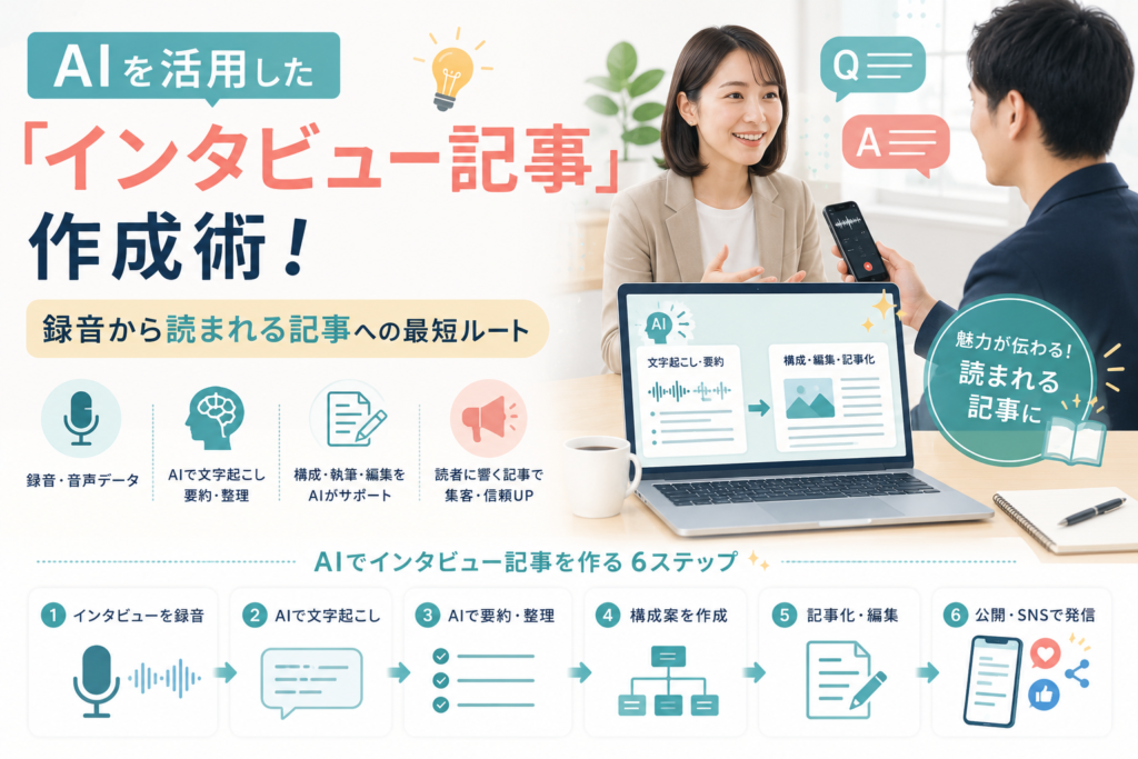 AIを活用してインタビュー音声を文字起こし・要約・構成化し、読者に伝わりやすいインタビュー記事へ編集する流れを表現したアイキャッチ画像。