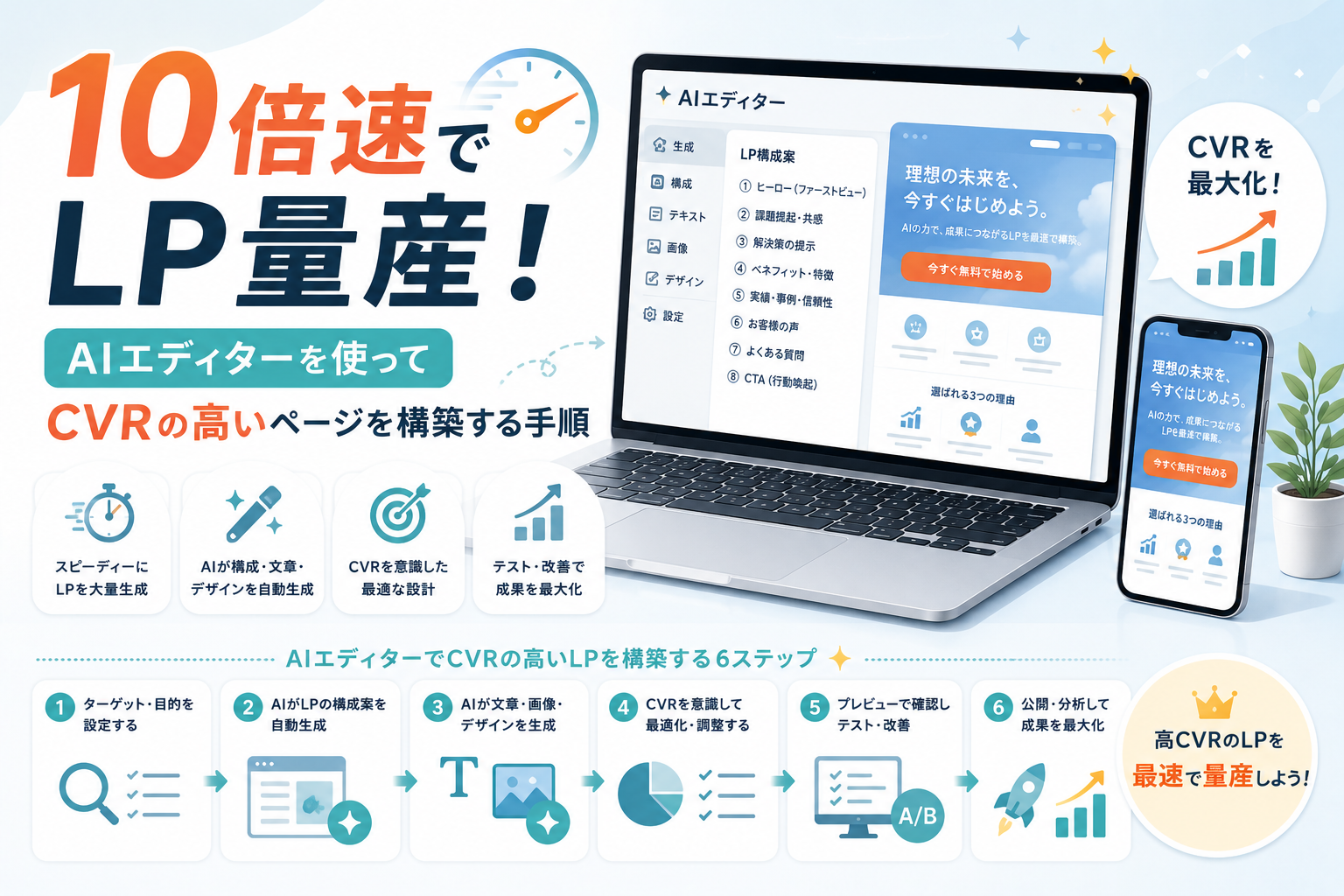 AIエディターを活用してLPの構成案、文章、画像、デザインを効率的に生成し、CVRの高いページを短時間で量産する流れを表現したアイキャッチ画像。