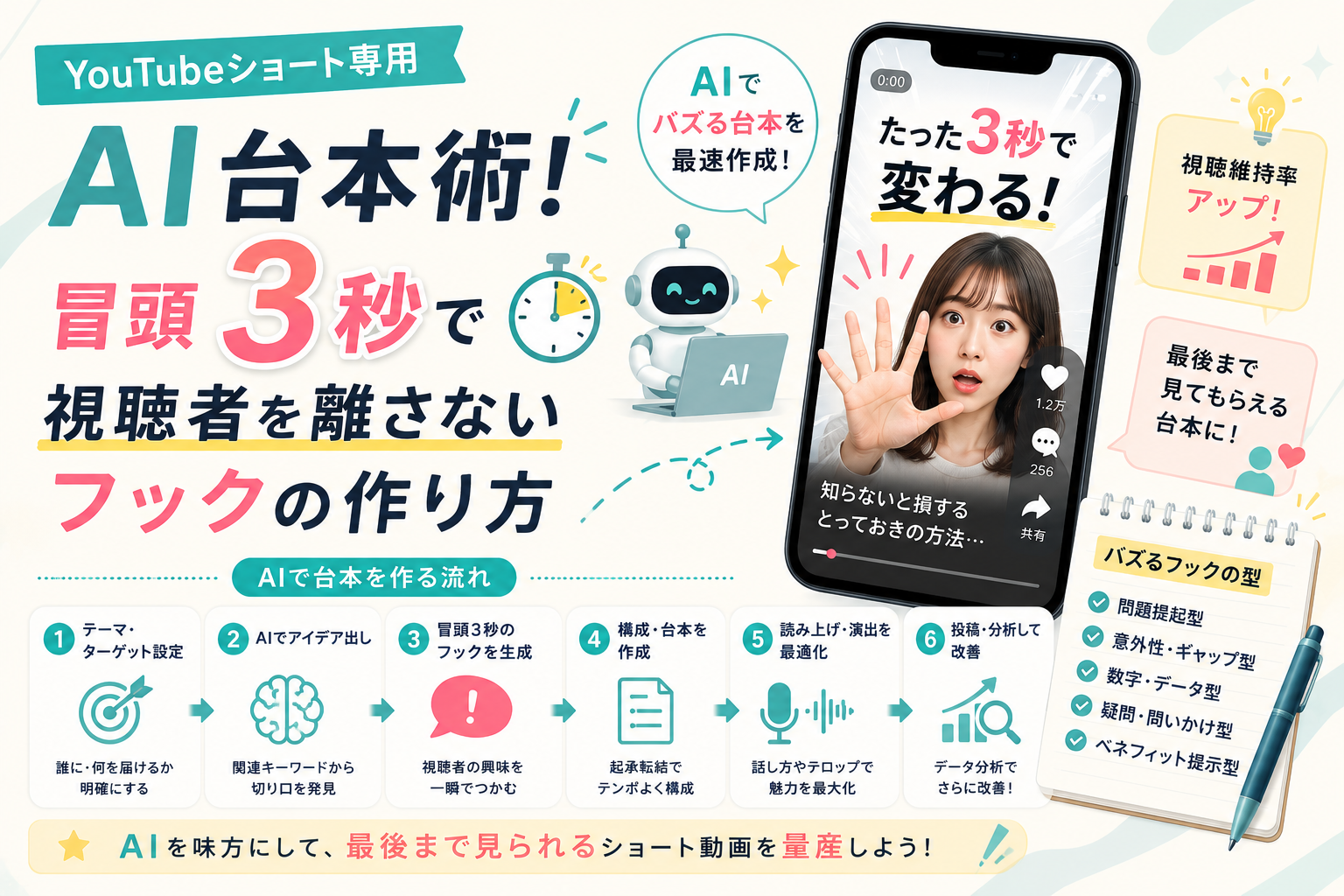 短尺動画向けにAIで台本を作成し、冒頭3秒で視聴者の興味を引くフックや構成を設計して、視聴維持率を高める流れを表現したアイキャッチ画像。