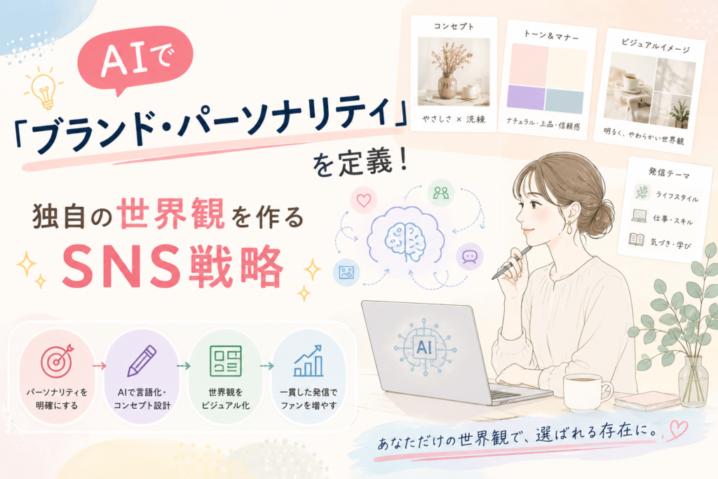 AIを使ってブランド・パーソナリティを定義し、独自の世界観を作るSNS戦略をわかりやすく表現したアイキャッチ画像