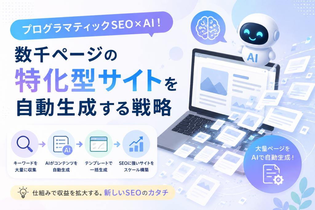プログラマティックSEOとAIを活用し、数千ページ規模の特化型サイトを自動生成する戦略を表現したアイキャッチ画像