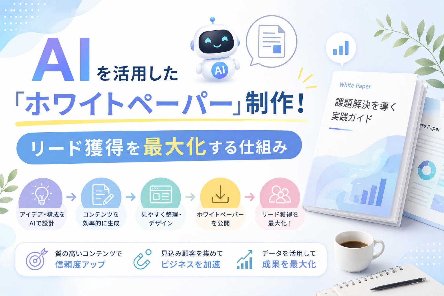 AIを活用してホワイトペーパーを制作し、見込み顧客のリード獲得を最大化する仕組みを表現したアイキャッチ画像