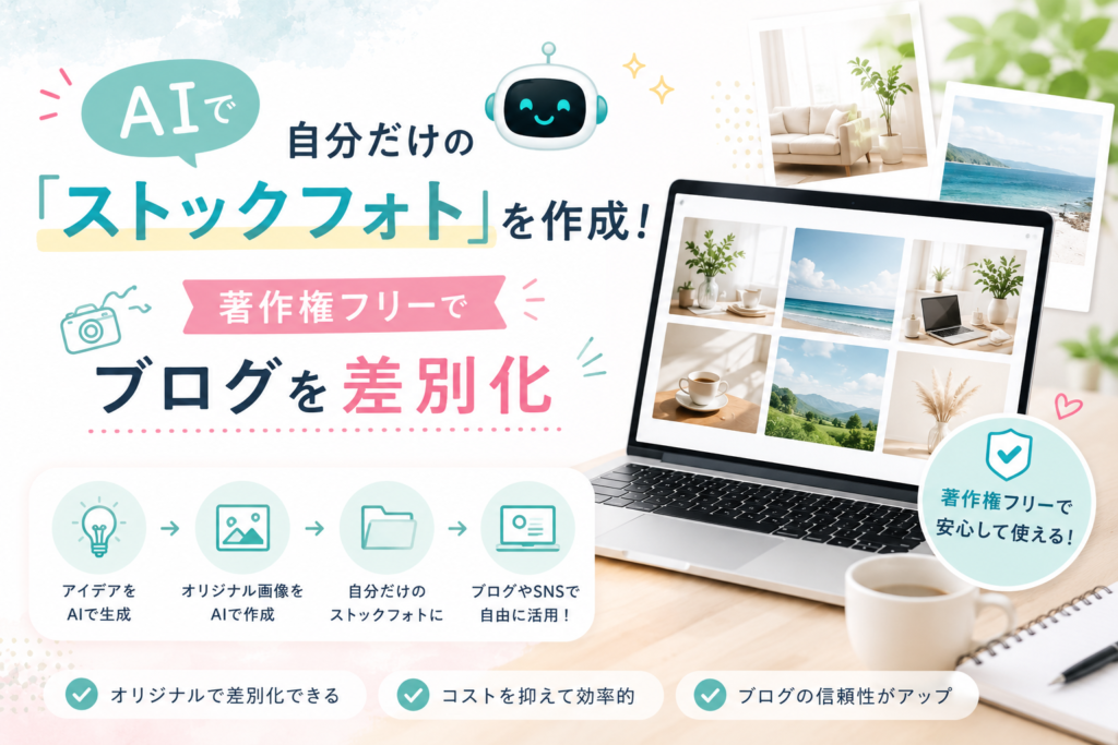 AIで自分だけのストックフォトを作成し、著作権に配慮しながらブログやSNSのビジュアルを差別化する方法を表現したアイキャッチ画像