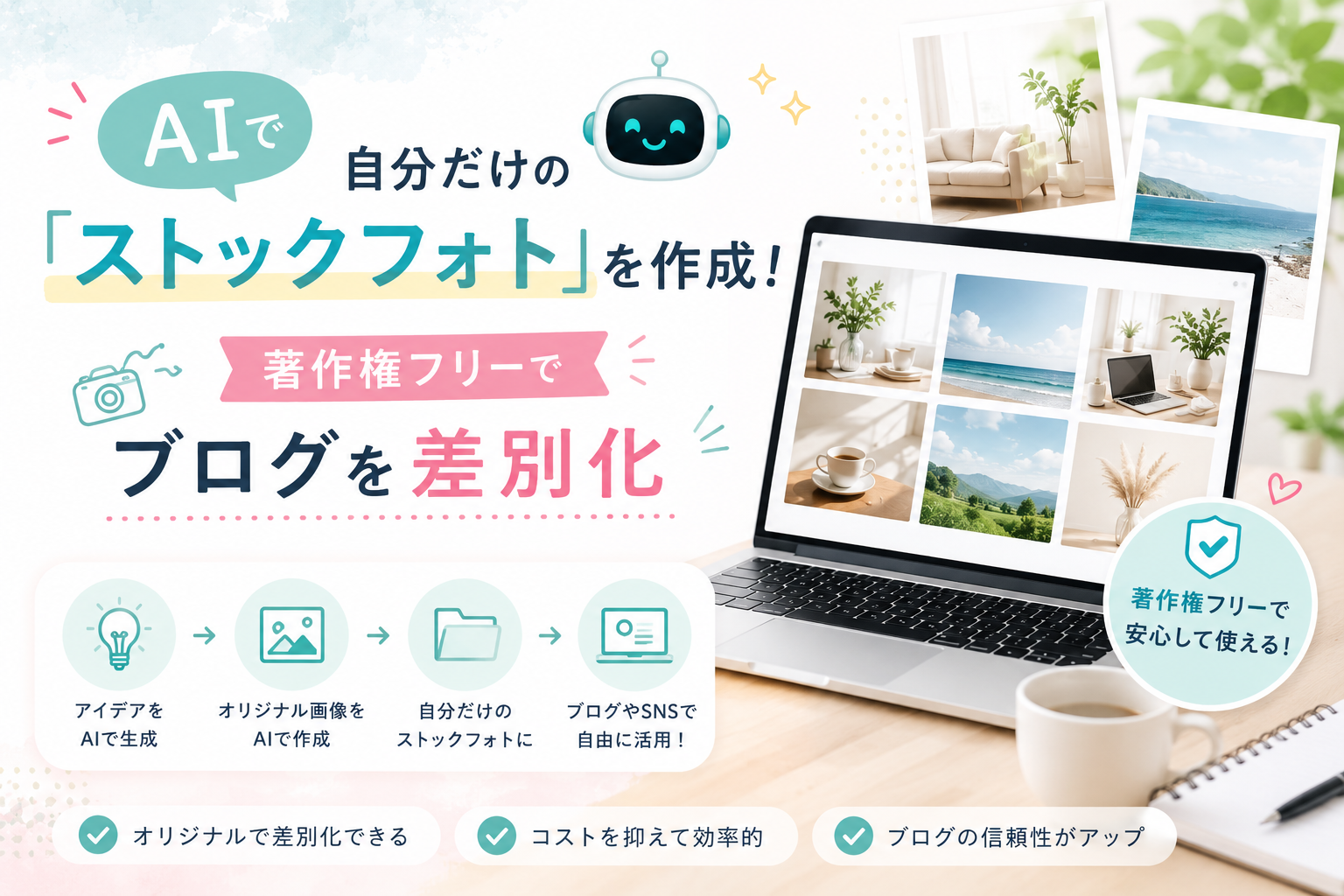AIで自分だけのストックフォトを作成し、著作権に配慮しながらブログやSNSのビジュアルを差別化する方法を表現したアイキャッチ画像