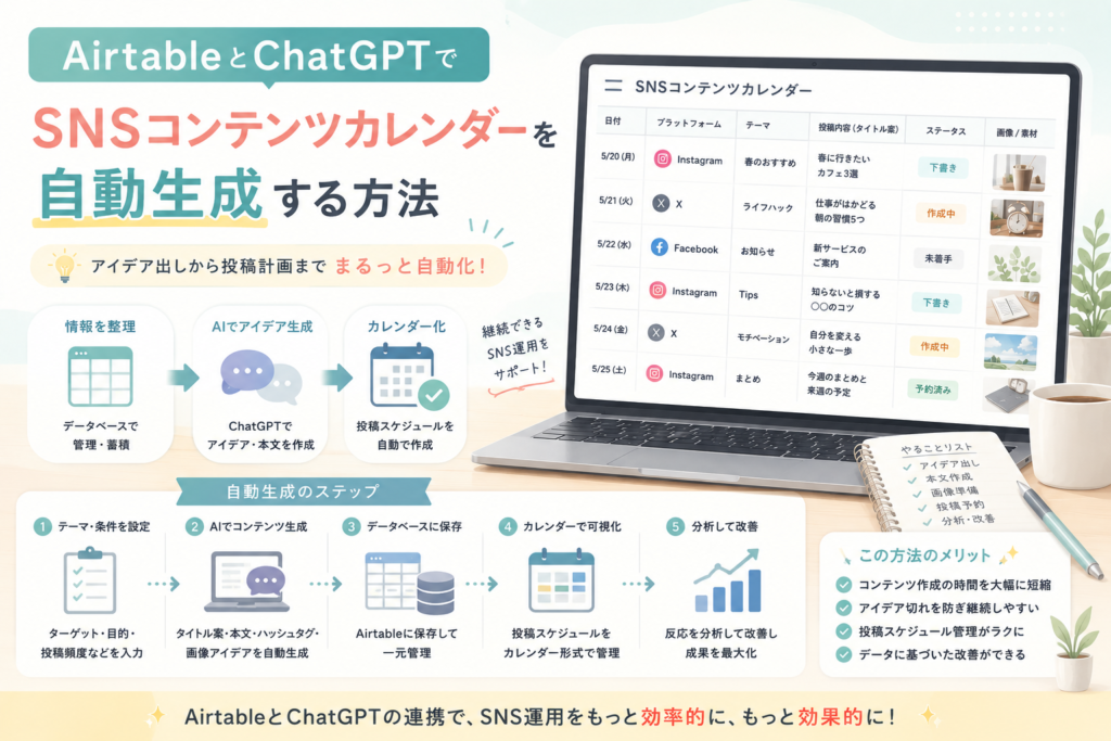 AirtableとChatGPTを連携し、SNS投稿のアイデア出し、本文作成、投稿スケジュール管理、分析改善までを自動化する流れを表現したアイキャッチ画像。